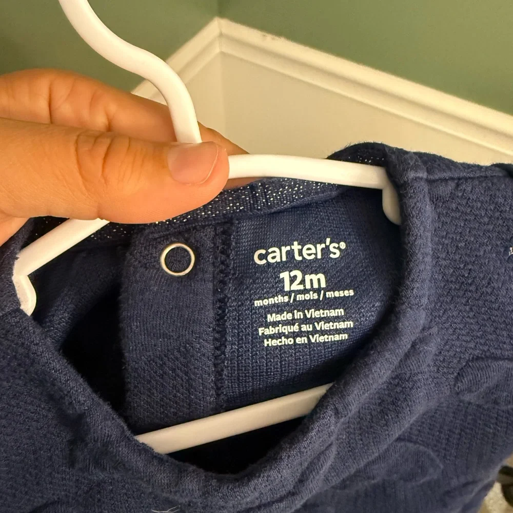 Carter’s Navy Blue Knit Long Sleeve Dress with Textured Heart Pattern, 12M